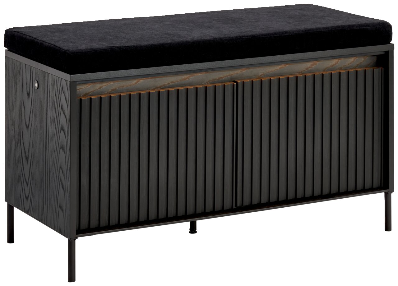 Hom´in Garderobenbank NOTO Schwarze Garderobenbank mit gepolstertem Sitz und vertikalen Lamellen, seitliche Perspektive