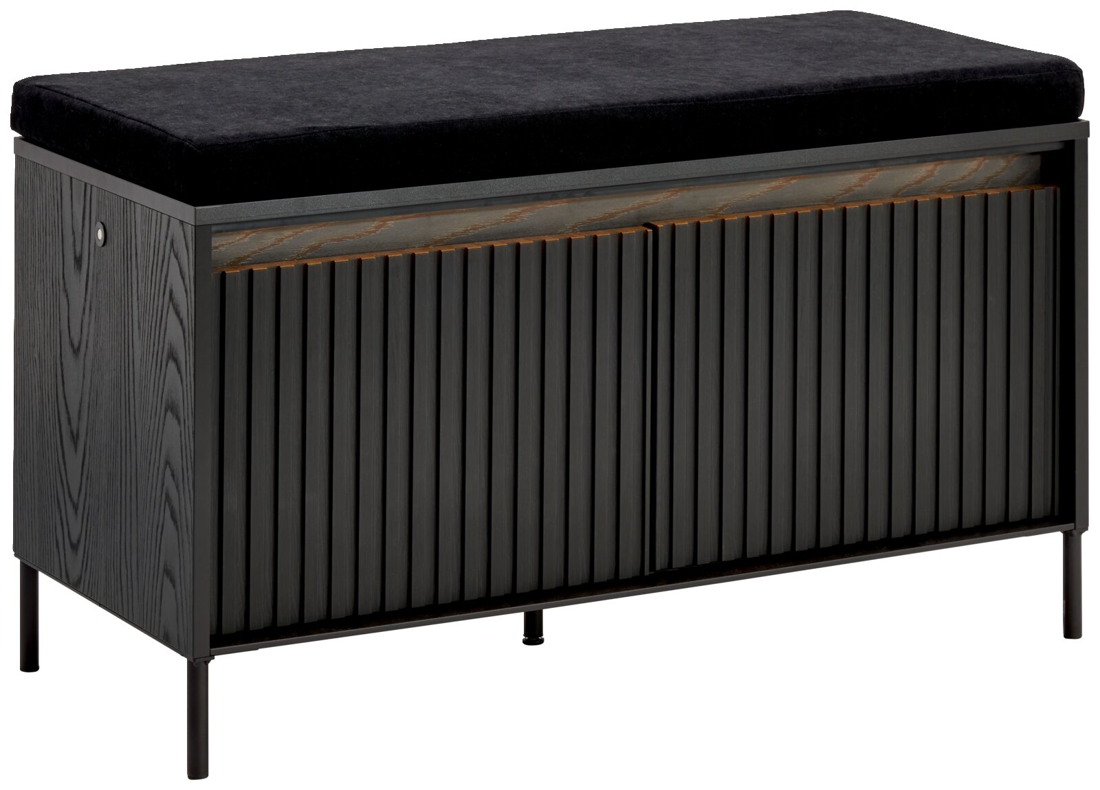 Hom´in Garderobenbank NOTO Schwarze Garderobenbank mit gepolstertem Sitz und vertikalen Lamellen, seitliche Perspektive