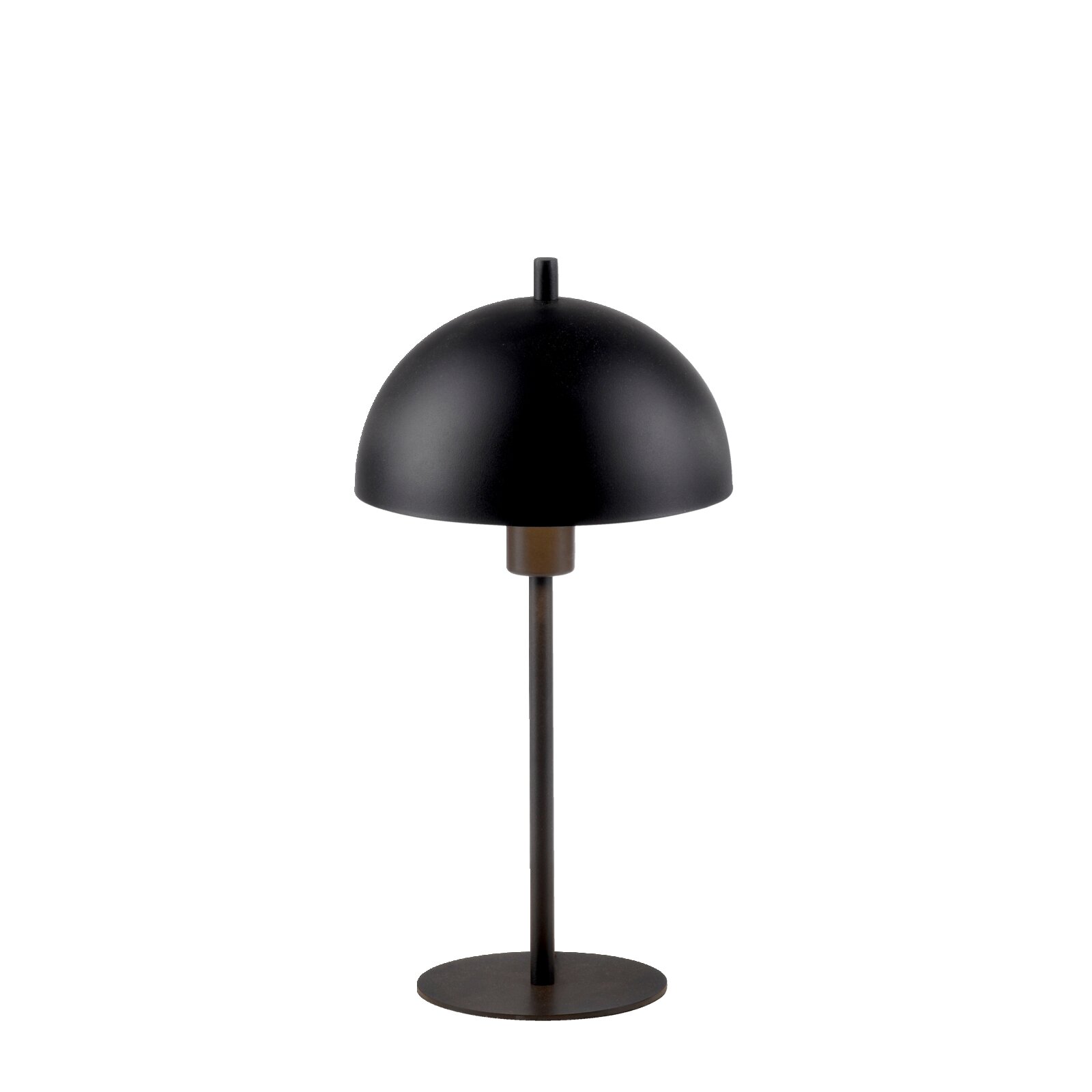 Schwarze Tischlampe mit halbkugelförmigem Schirm und rundem Fuß auf hellem Hintergrund, frontale Ansicht leicht von oben