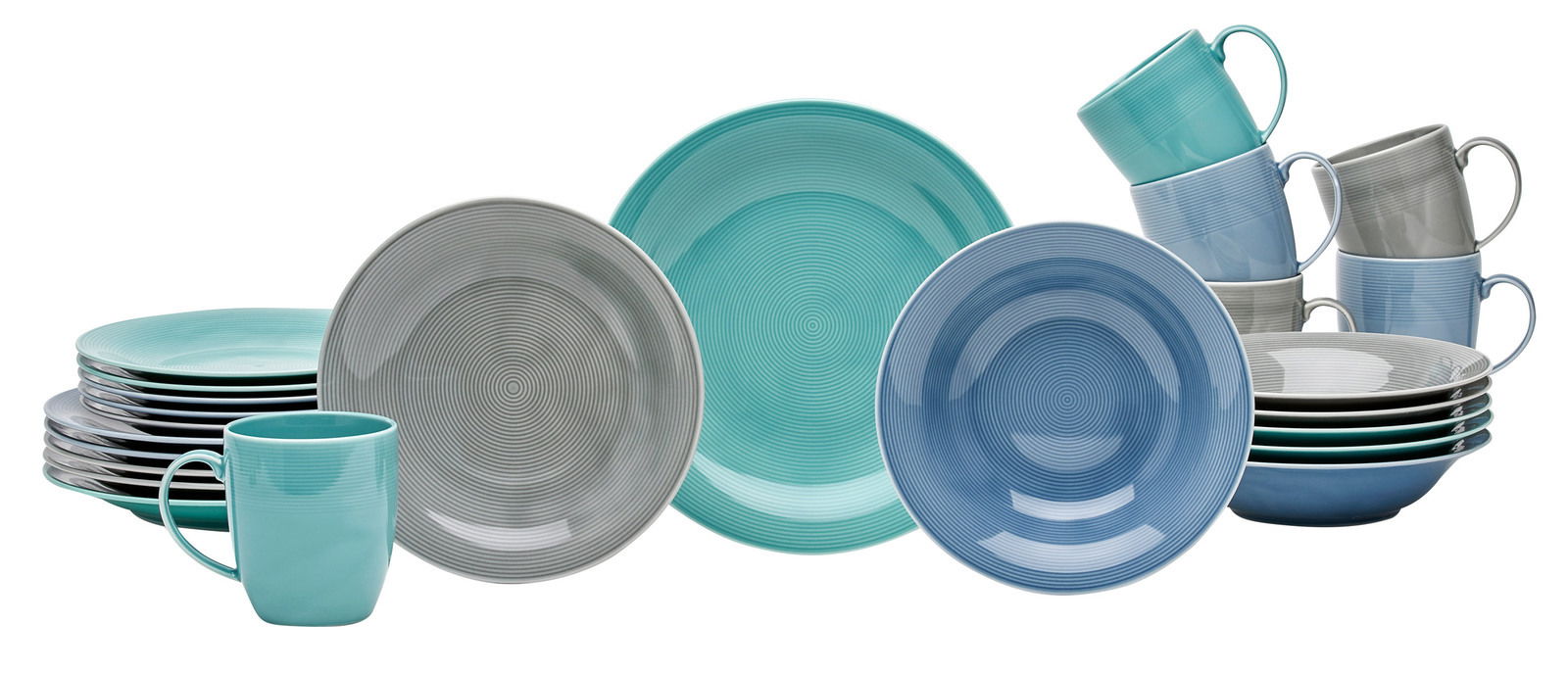 Kombiservice 24-teilig Jive in verschiedenen Farben, bestehend aus Tellern, Schalen und Tassen, aus seitlicher Perspektive fotografiert.