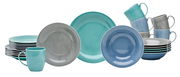 Kombiservice 24-teilig Jive in verschiedenen Farben, bestehend aus Tellern, Schalen und Tassen, aus seitlicher Perspektive fotografiert.