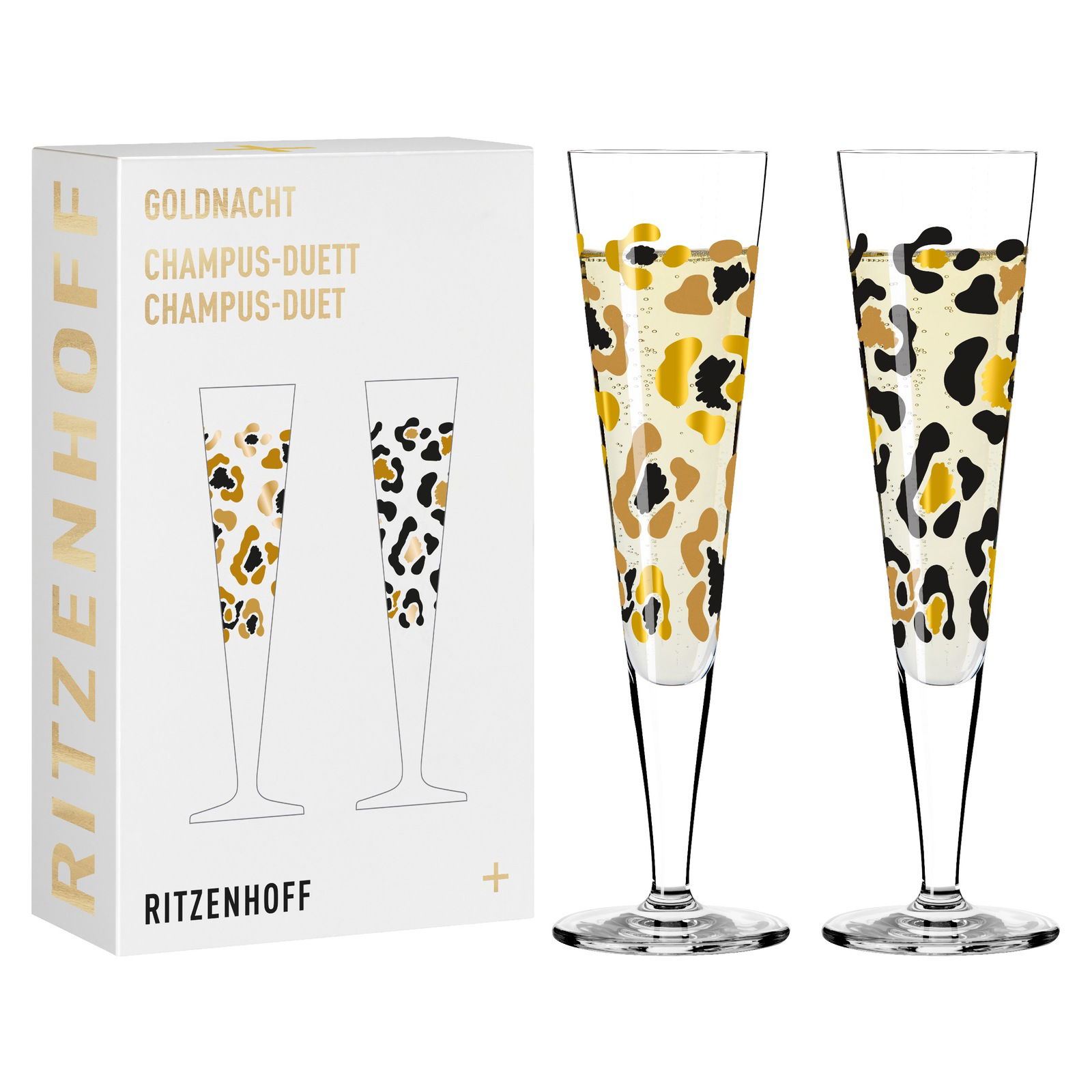 Zwei Champagnergläser mit Leopardenmuster, frontal abgebildet, neben einer Verpackung mit der Aufschrift 'Ritzenhoff Goldnacht Champus-Duett'.