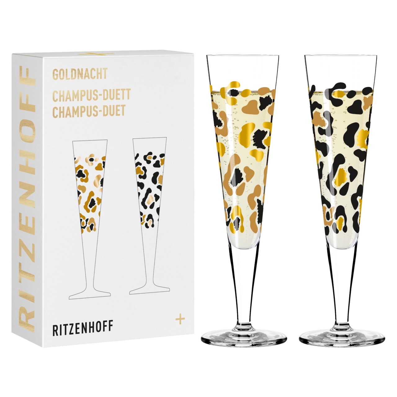 Zwei Champagnergläser mit Leopardenmuster, frontal abgebildet, neben einer Verpackung mit der Aufschrift 'Ritzenhoff Goldnacht Champus-Duett'.
