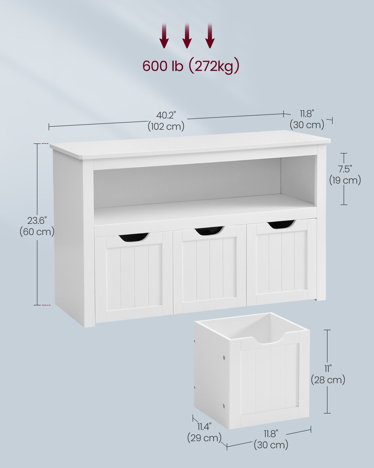 Weiße Aufbewahrungsbank mit drei herausnehmbaren Boxen und offenem Ablagefach, Tragkraft 272 kg, Maße 102 × 30 × 60 cm, dargestellt in frontaler leicht schräger Perspektive von oben
