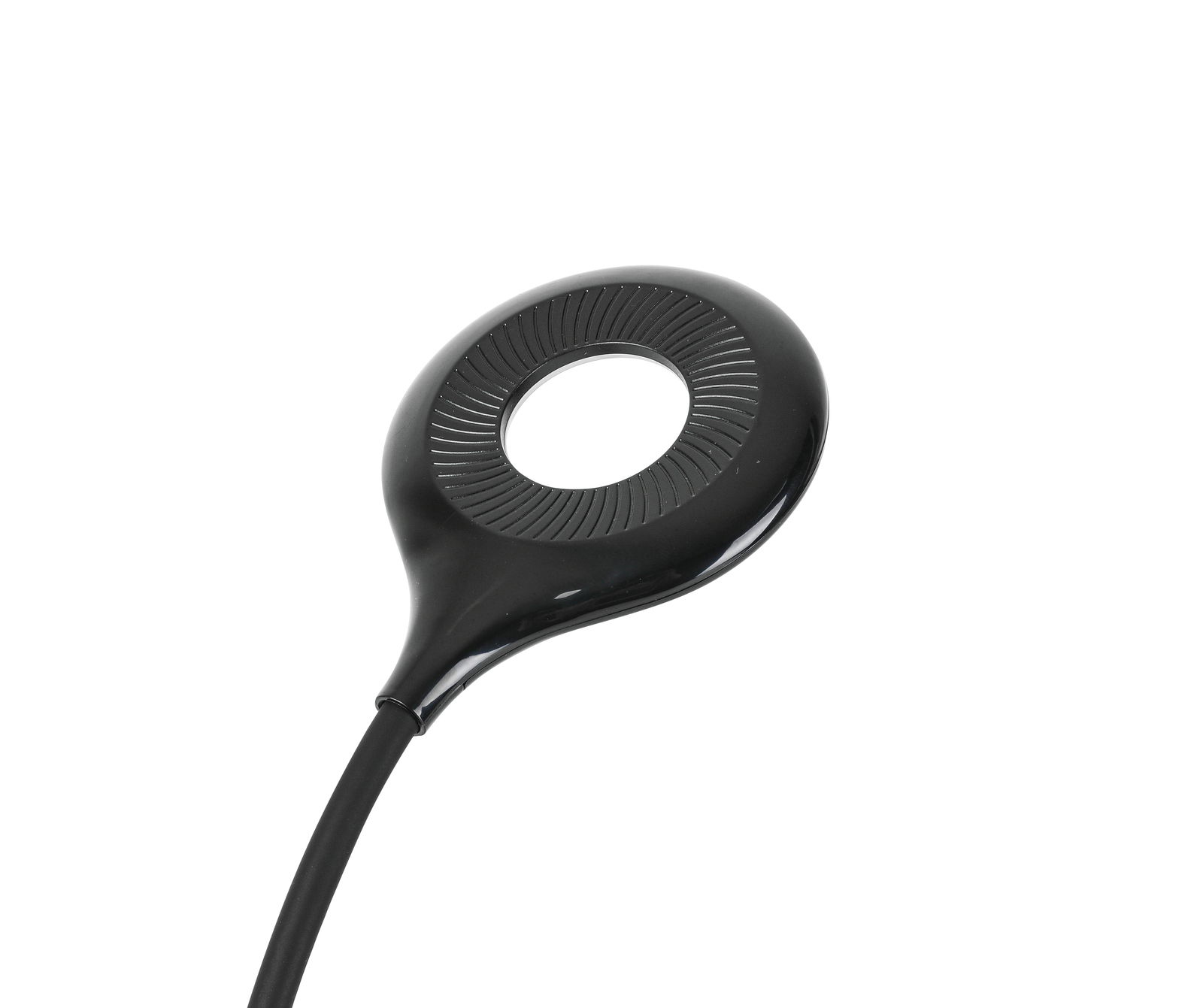 Nahaufnahme einer schwarzen LED-Schreibtischleuchte mit rundem, modernem Design und zentraler Öffnung.