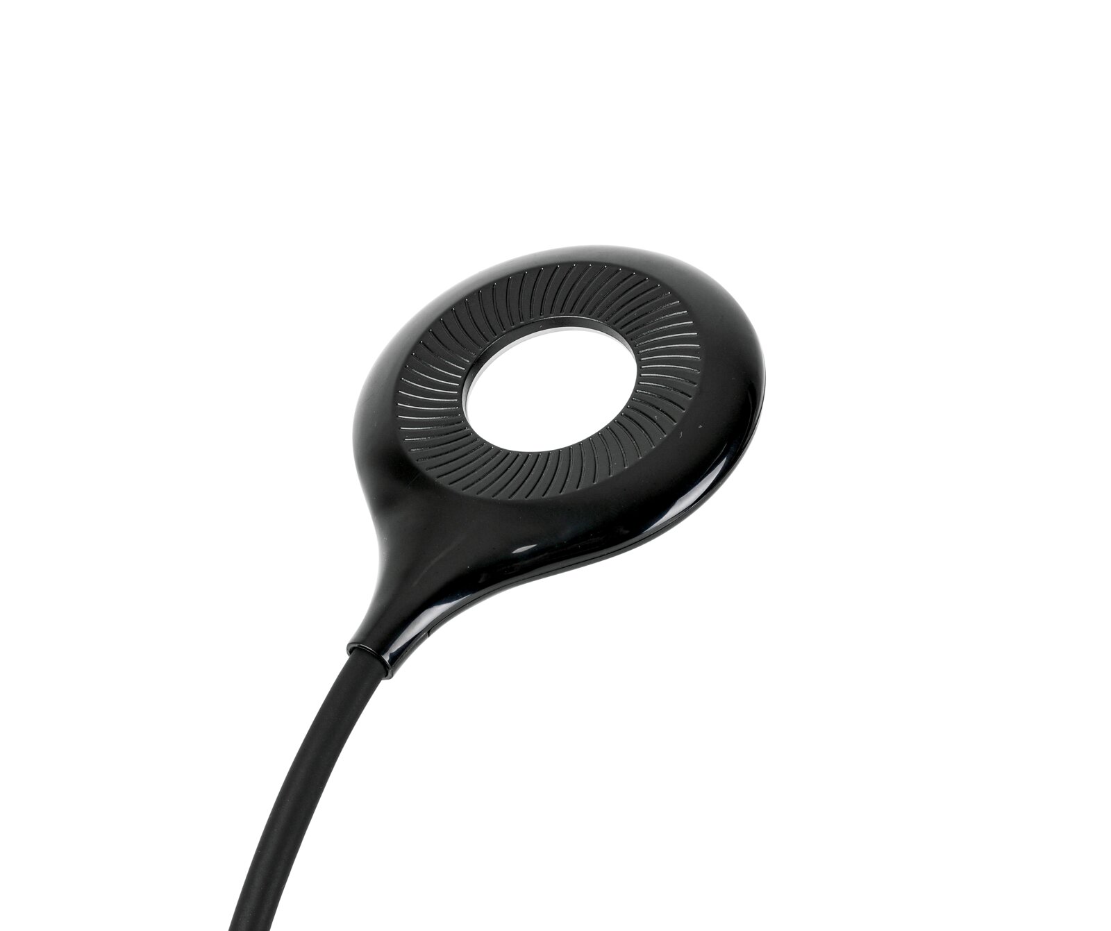 Nahaufnahme einer schwarzen LED-Schreibtischleuchte mit rundem, modernem Design und zentraler Öffnung.