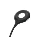 Nahaufnahme einer schwarzen LED-Schreibtischleuchte mit rundem, modernem Design und zentraler Öffnung.