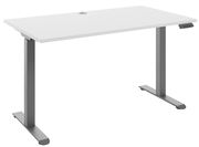 Moderner E-Schreibtisch mit weißer Tischplatte und grauem Gestell, seitliche Perspektive