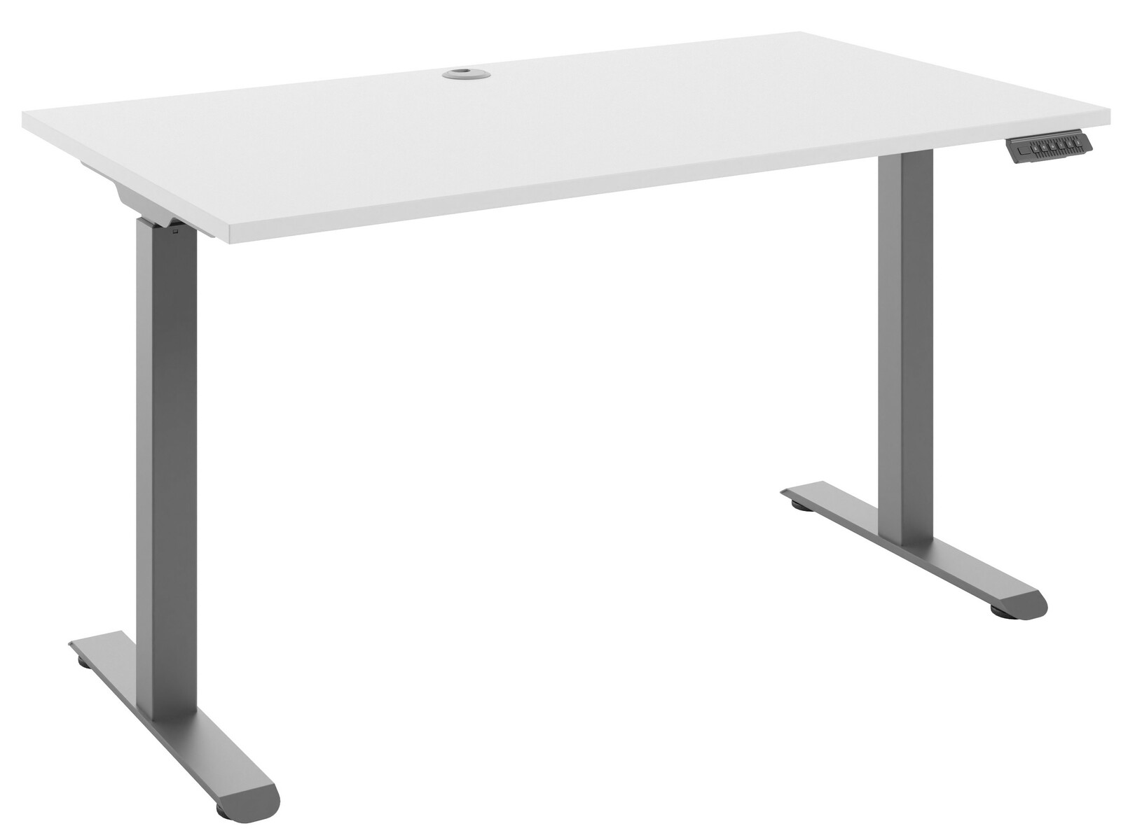Moderner E-Schreibtisch mit weißer Tischplatte und grauem Gestell, seitliche Perspektive