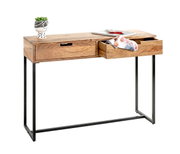 Schmaler Konsolentisch aus Holz mit schwarzem Metallgestell und zwei Schubladen, eine Schublade geöffnet; Perspektive: frontale 3/4-Ansicht leicht von oben vor weißem Hintergrund.
