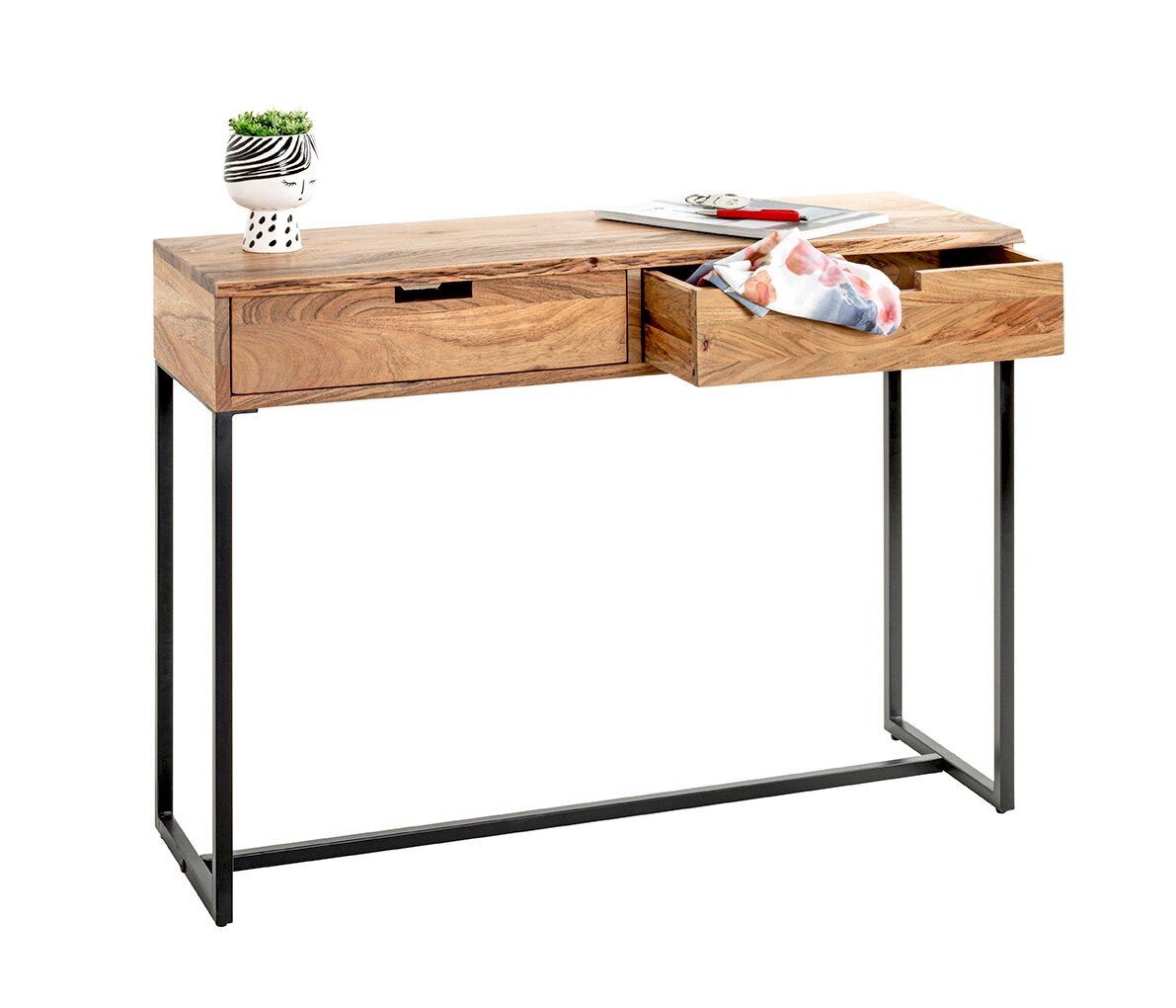 Schmaler Konsolentisch aus Holz mit schwarzem Metallgestell und zwei Schubladen, eine Schublade geöffnet; Perspektive: frontale 3/4-Ansicht leicht von oben vor weißem Hintergrund.