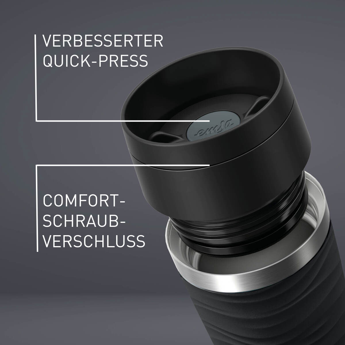 Nahaufnahme eines schwarzen MUG Classic Wave 0,36L mit verbessertem Quick-Press und Comfort-Schraubverschluss.