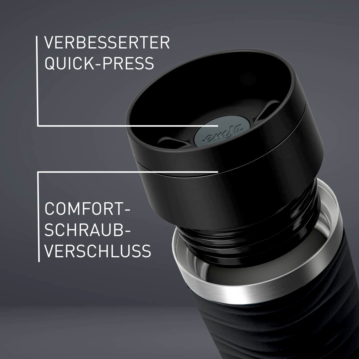 Nahaufnahme eines schwarzen MUG Classic Wave 0,36L mit verbessertem Quick-Press und Comfort-Schraubverschluss.