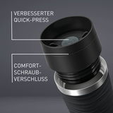 Nahaufnahme eines schwarzen MUG Classic Wave 0,36L mit verbessertem Quick-Press und Comfort-Schraubverschluss.