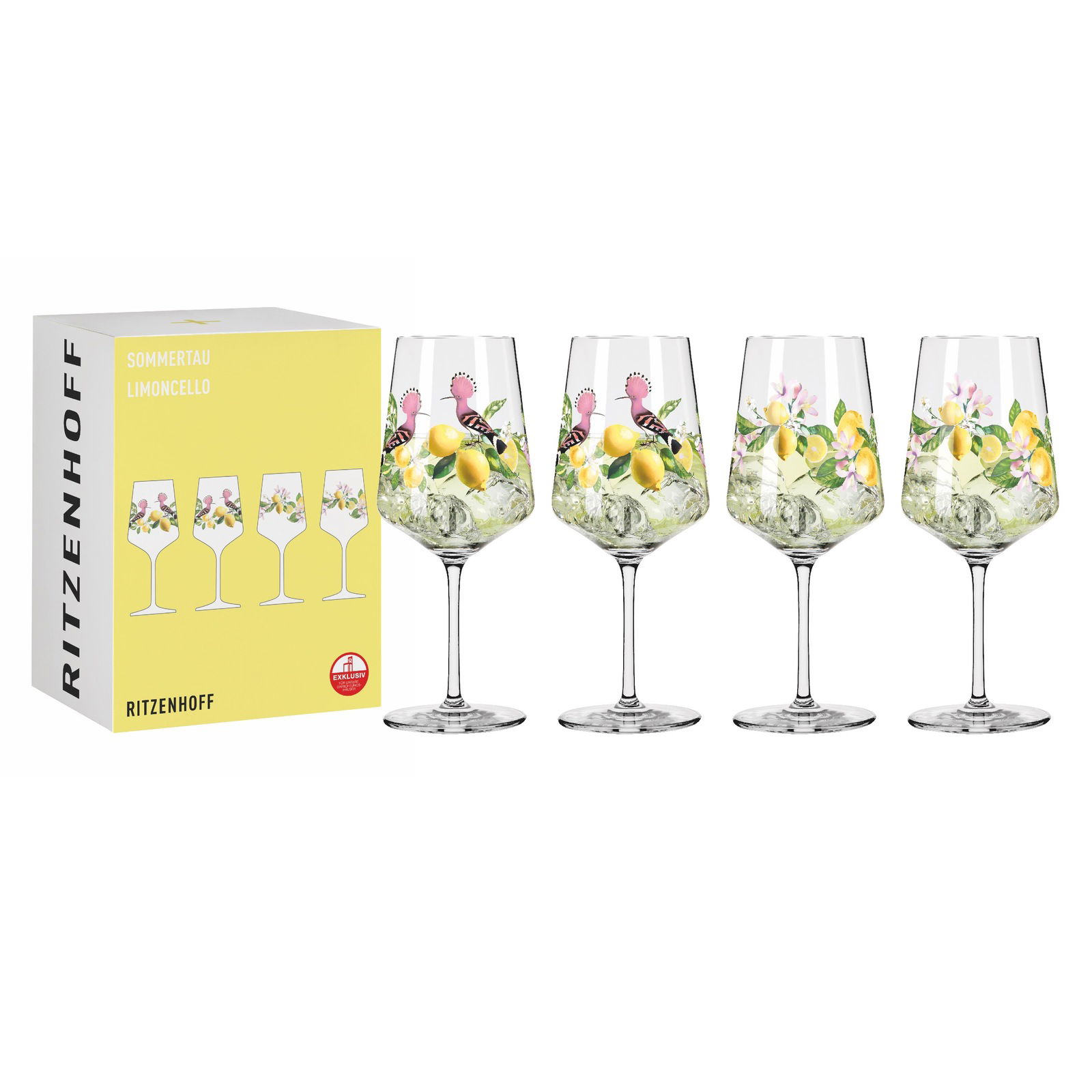 Vier elegante Limoncello-Gläser mit Zitronen- und Blumenmotiv, seitliche Perspektive, neben der Verpackung.