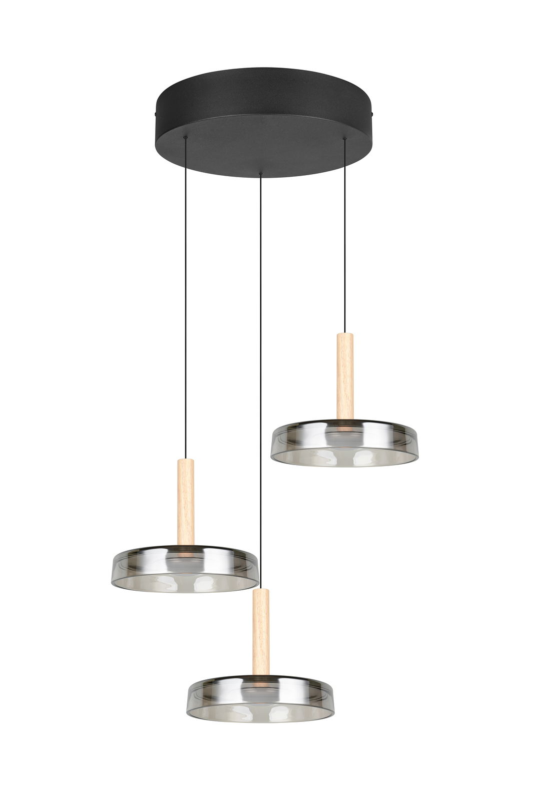 Dreiflammige Pendelleuchte Celeste mit runden, transparenten Schirmen und Holzdetails, von unten betrachtet.