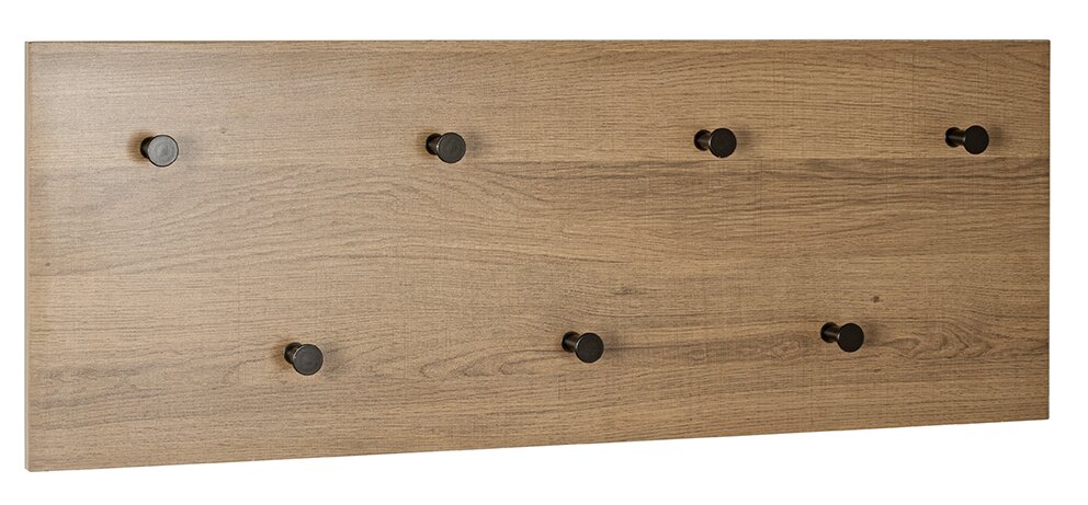 Zurbrüggen Wandgarderobe Rechteckige Garderobenleiste aus Holz mit sieben schwarzen Haken, Frontansicht leicht schräg von vorn