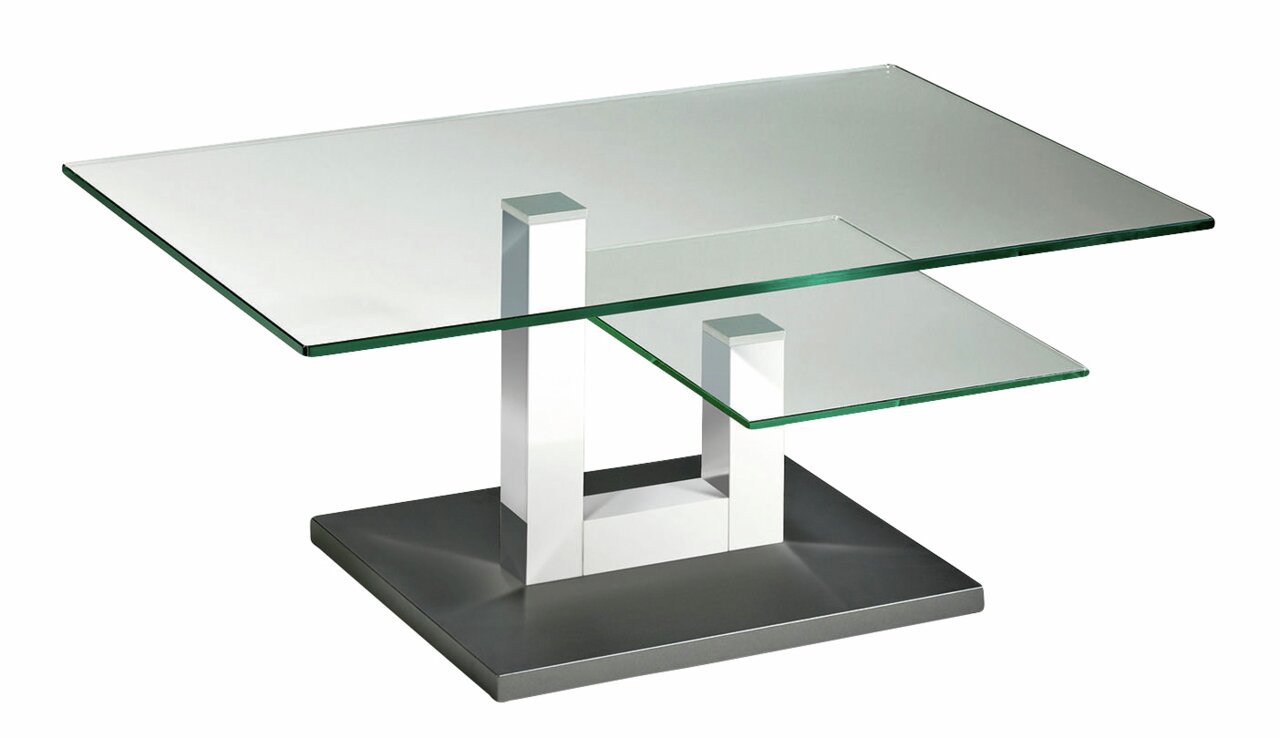 Moderner Couchtisch mit zwei Glasplatten und geometrischem Design, seitliche Perspektive