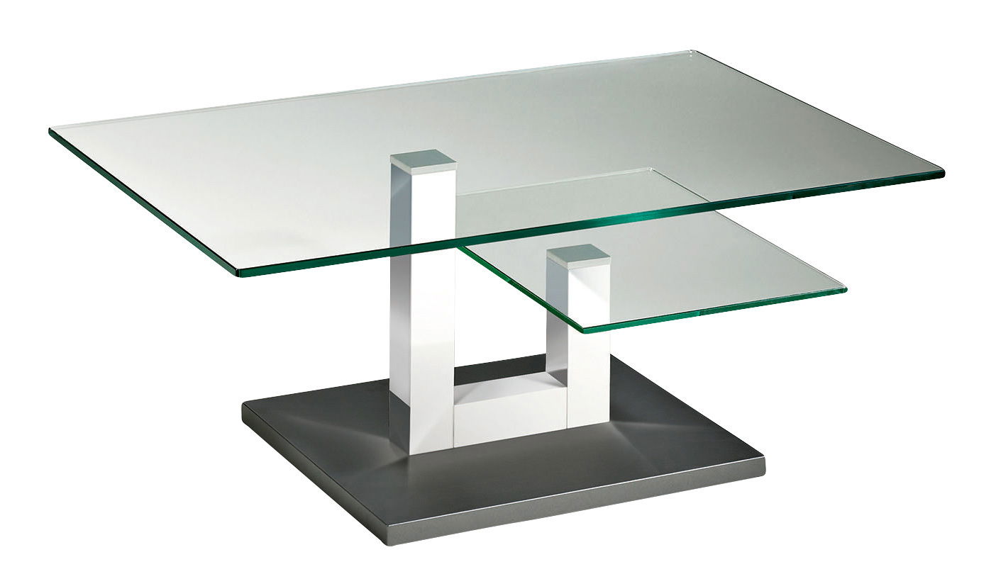 Moderner Couchtisch mit zwei Glasplatten und geometrischem Design, seitliche Perspektive