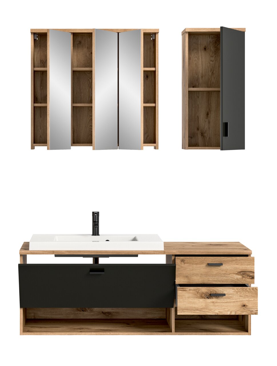 Moderne Badkombination mit Holz- und Spiegelelementen, bestehend aus einem Waschtisch mit schwarzer Front und zwei Schubladen, sowie einem Spiegelschrank und einem Hängeschrank, aus der Frontalperspektive.