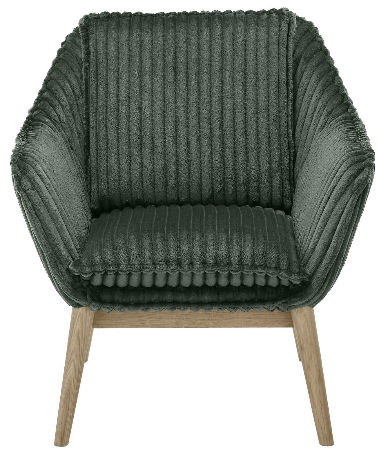 Grüner Sessel mit geripptem Stoffbezug und Holzbeinen, Frontalansicht