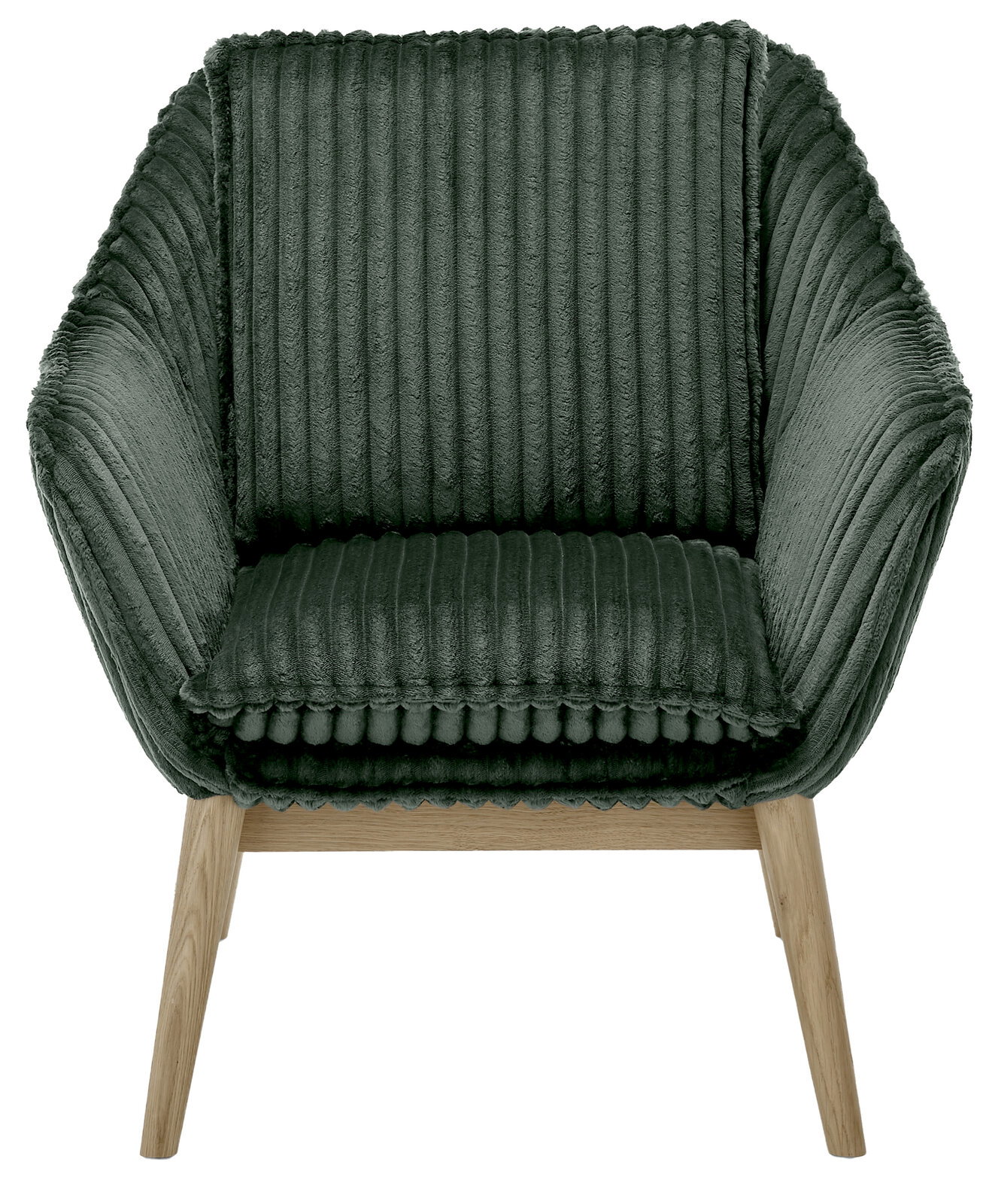 Grüner Sessel mit geripptem Stoffbezug und Holzbeinen, Frontalansicht