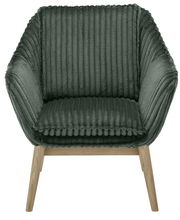 Grüner Sessel mit geripptem Stoffbezug und Holzbeinen, Frontalansicht