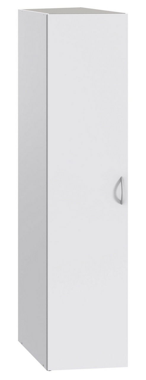 Weißer Schrägschrank mit einer Tür und silbernem Griff, seitliche Perspektive