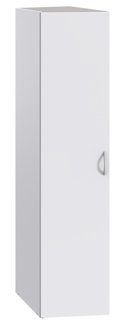 Weißer Schrägschrank mit einer Tür und silbernem Griff, seitliche Perspektive