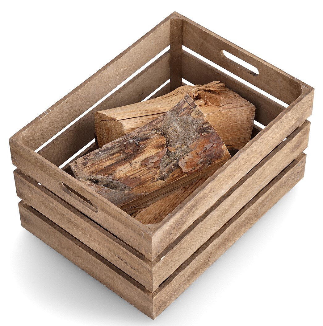 Holzaufbewahrungskiste mit Holzscheiten, Perspektive von oben