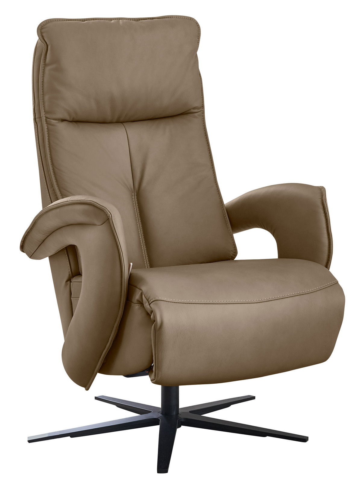 Beiger Relax-Sessel aus Leder mit schwarzem Drehfuß, seitliche Perspektive