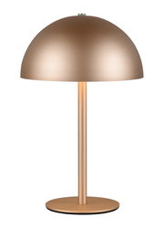 Goldene Akku-Tischleuchte mit halbkugelförmigem Schirm, seitliche Perspektive