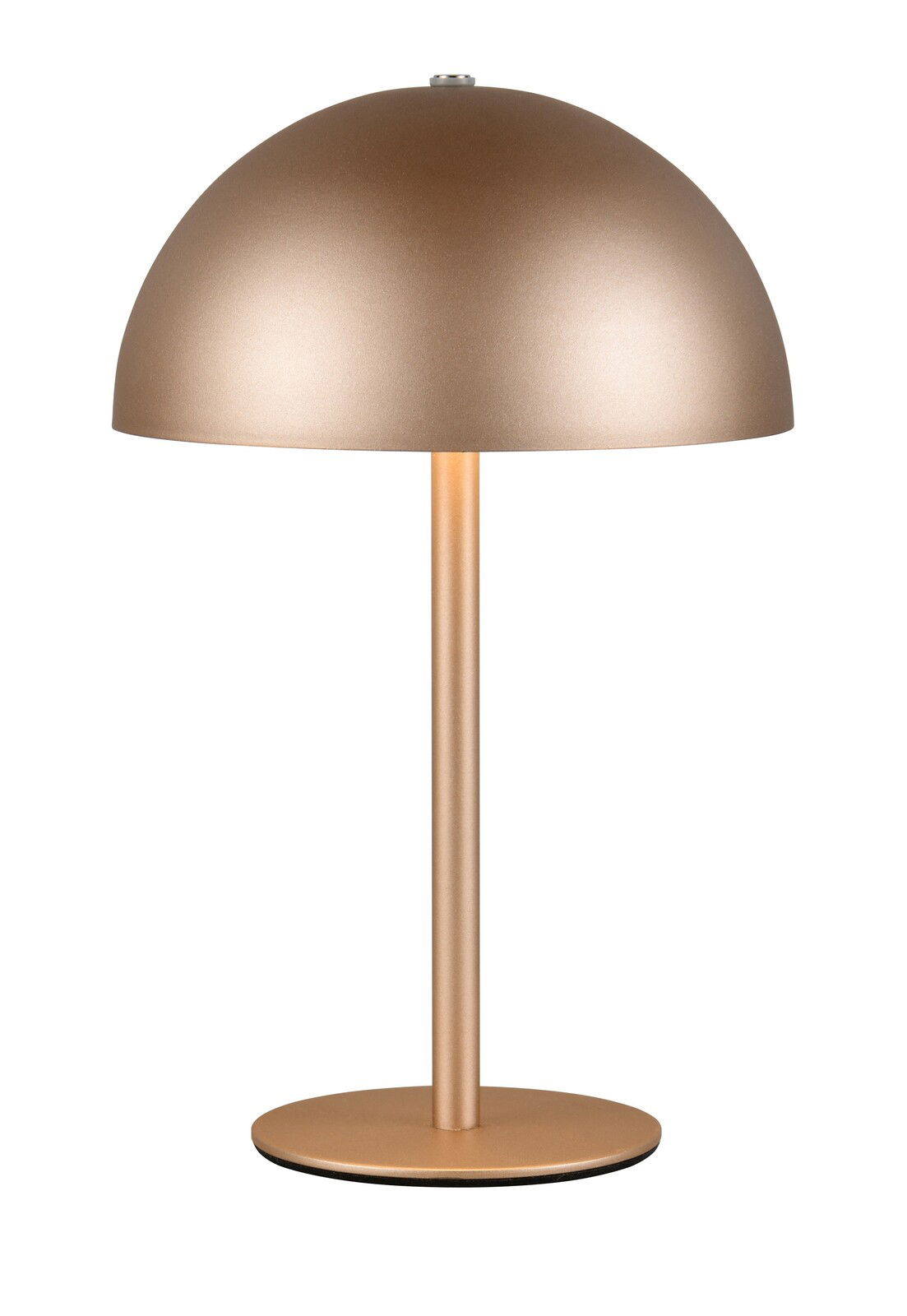 Goldene Akku-Tischleuchte mit halbkugelförmigem Schirm, seitliche Perspektive