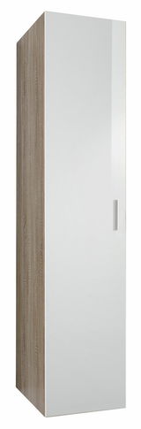 Moderner Kleiderschrank mit weißer Hochglanztür und Holzoptik an der Seite, seitliche Perspektive