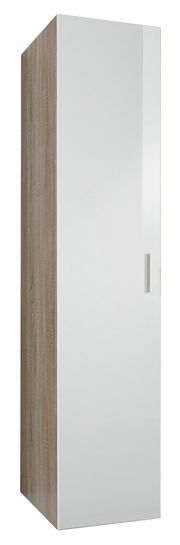 Moderner Kleiderschrank mit weißer Hochglanztür und Holzoptik an der Seite, seitliche Perspektive