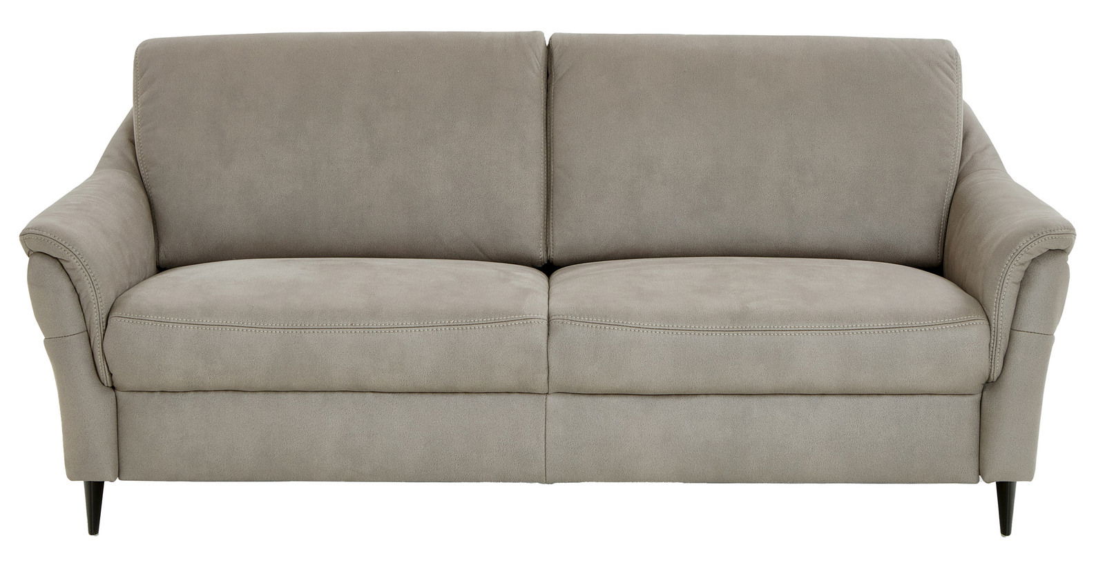 Graues 3er-Sofa in Frontalansicht mit schwarzen Füßen und gepolsterten Armlehnen.