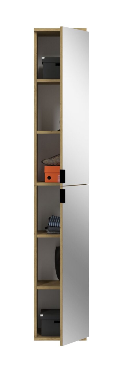 Schmaler Garderobenschrank mit Holzrahmen und weißen Türen, teilweise geöffnet, zeigt Regale mit Boxen und Kleidung. Frontalansicht.