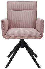 Rosa Armlehnstuhl mit geripptem Stoffbezug und schwarzem Metallgestell, Frontalansicht