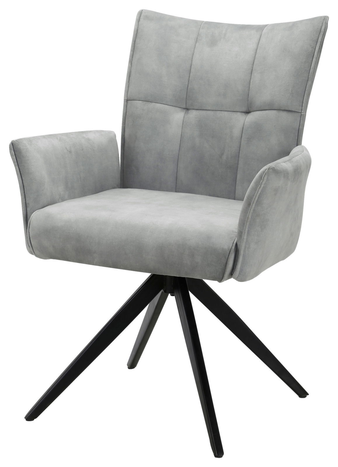 Grauer Armlehnstuhl mit schwarzem Metallgestell, seitliche Perspektive