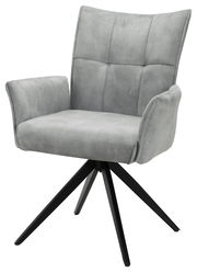 Grauer Armlehnstuhl mit schwarzem Metallgestell, seitliche Perspektive