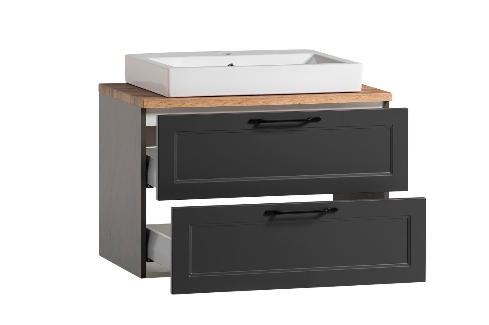 Waschtisch-Set mit weißem Waschbecken und zwei offenen Schubladen in dunklem Holz, seitliche Perspektive