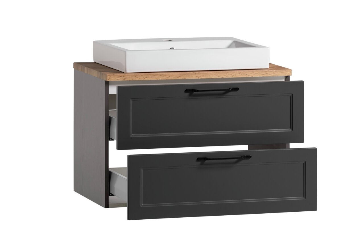 Waschtisch-Set mit weißem Waschbecken und zwei offenen Schubladen in dunklem Holz, seitliche Perspektive