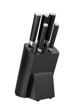 Schwarzer Messerblock mit fünf Messern, seitliche Perspektive