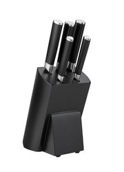 Schwarzer Messerblock mit fünf Messern, seitliche Perspektive