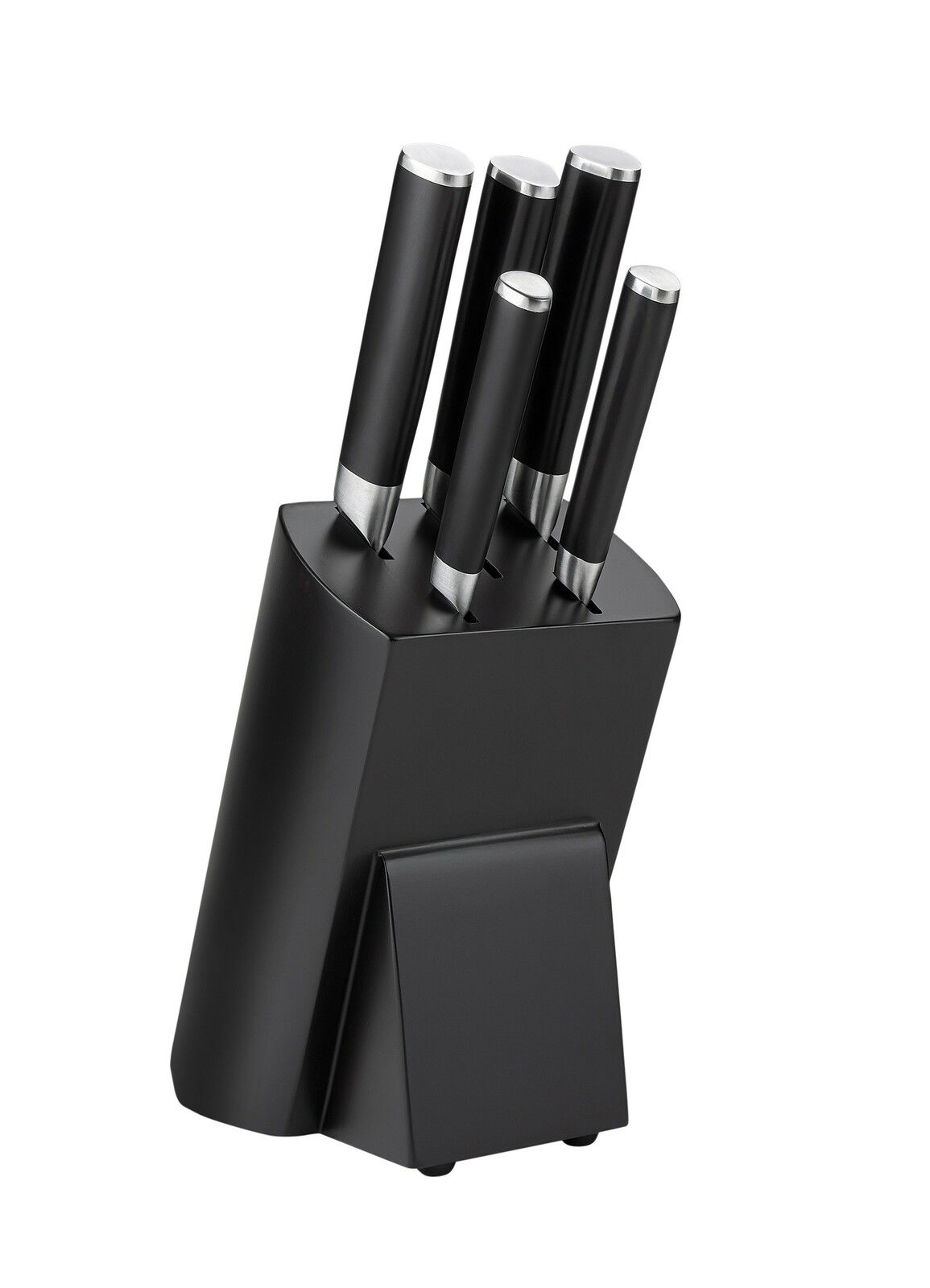 Schwarzer Messerblock mit fünf Messern, seitliche Perspektive