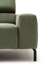 Grünes Sofa mit geripptem Stoffbezug, Nahaufnahme der Armlehne und Sitzfläche von der Seite