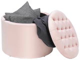 Runder, rosa Hocker mit abnehmbarem, gepolstertem Deckel, der Stauraum bietet. Perspektive von schräg oben.