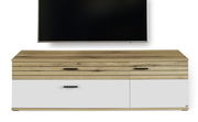 TV-Lowboard aus Holz mit weißer Front, zwei Schubladen und zwei Türen, frontal abgebildet.