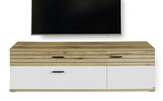 TV-Lowboard aus Holz mit weißer Front, zwei Schubladen und zwei Türen, frontal abgebildet.