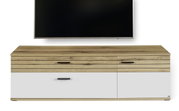 TV-Lowboard aus Holz mit weißer Front, zwei Schubladen und zwei Türen, frontal abgebildet.
